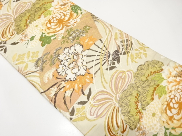 JAPANESE KIMONO / ANTIQUE MARU OBI / SILK / WOVEN KIKU & PEONY